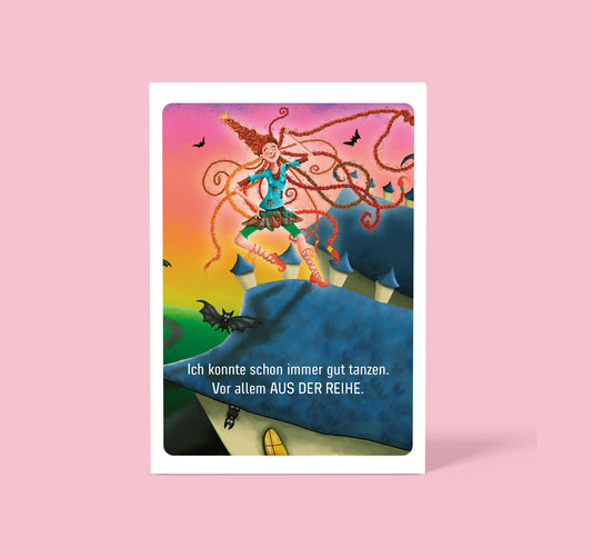 Kunstpostkarte "Aus der Reihe tanzen" von Jule Rapunzel